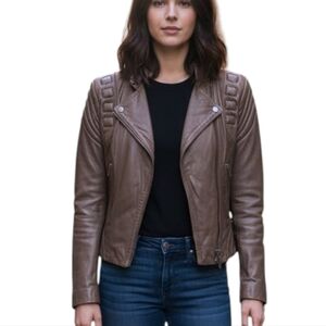 BCBGMaxazria Leather Moto Jacket Taupe Women XS Biker
